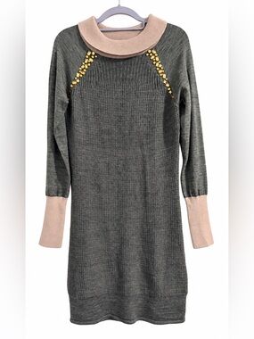 Silvian Heach Italian Olive Gray Sweater Dress Jeweled Cowl Neck Wool Blend S